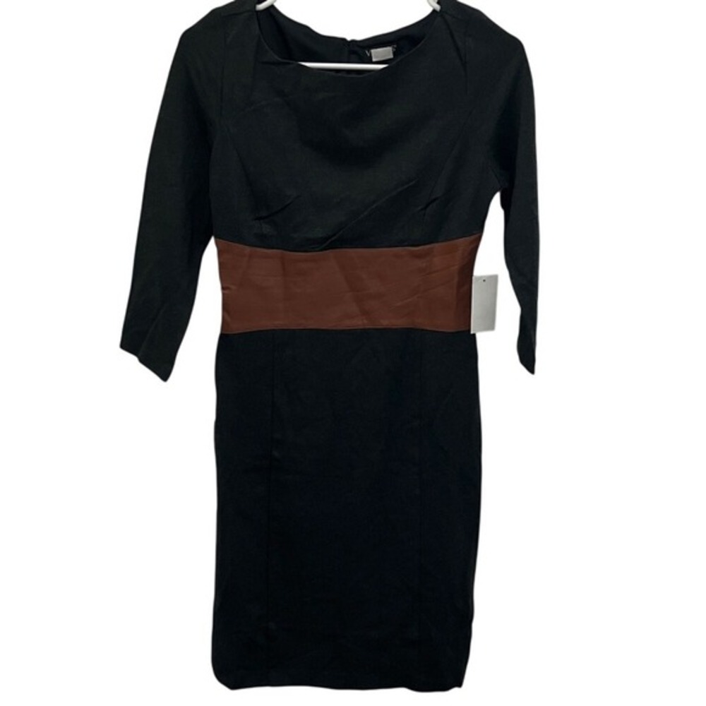 Venus Womens Black 3/4 Sleeve Sheath Dress Brown Faux Leather Waist Size 4 NWT